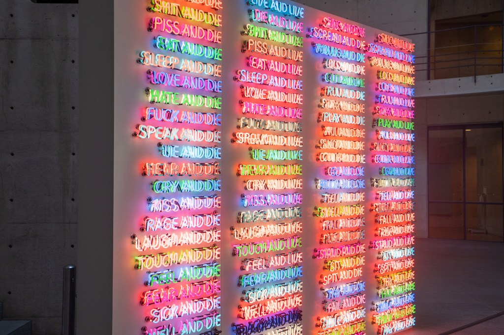 A photo of a large artwork made of neon lights, featuring many short phrases, such as "cry and die" and "feel and live."